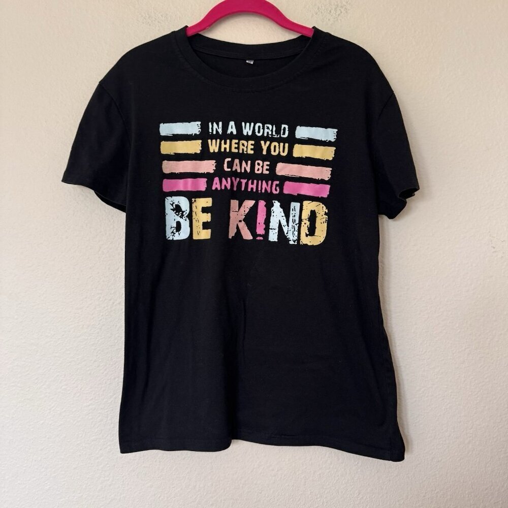 Be Kind Shirt Womens Small Black Short Sleeve Graphic Tee Pink Blue